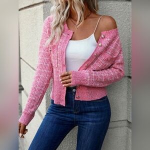 New Chic Plaid Tweed Knit Cardigan Sweater Hot Pink White